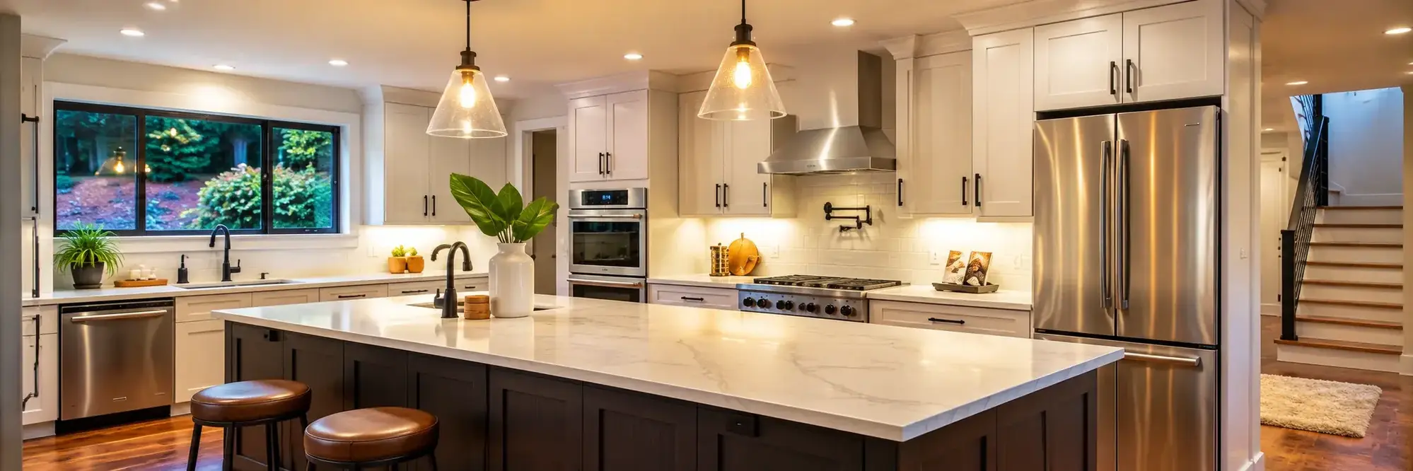 Modern residential kitchen with pendant lights, recessed ceiling lighting, and illuminated countertops Modern residential kitchen with pendant lights, recessed ceiling lighting, and illuminated countertops