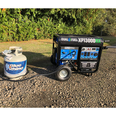 DuroMax XP13000HX dual fuel portable generator connected to propane tank